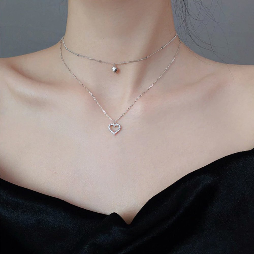 925 Sterling Silver Double Layer Heart Necklace Choker-NEW - Picture 6 of 16